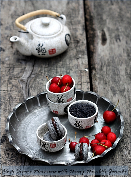 Black Sesame Macarons with Cherry Chocolate Ganache