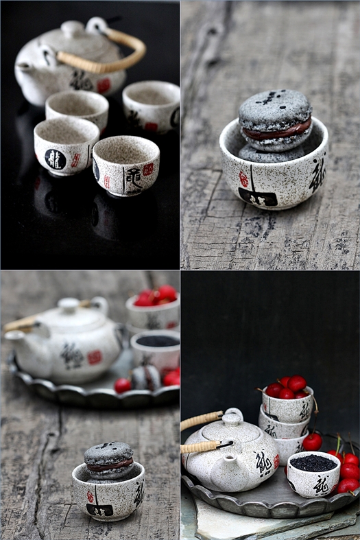 Black Sesame Macarons with Cherry Chocolate Ganache