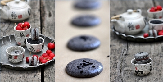 Black Sesame Macarons with Cherry Chocolate Ganache
