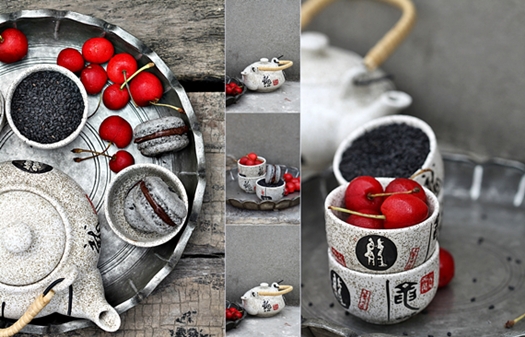 Black Sesame Macarons with Cherry Chocolate Ganache