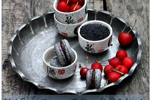 Black Sesame Macarons with Cherry Chocolate Ganache