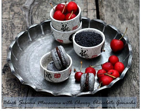 Black Sesame Macarons with Cherry Chocolate Ganache