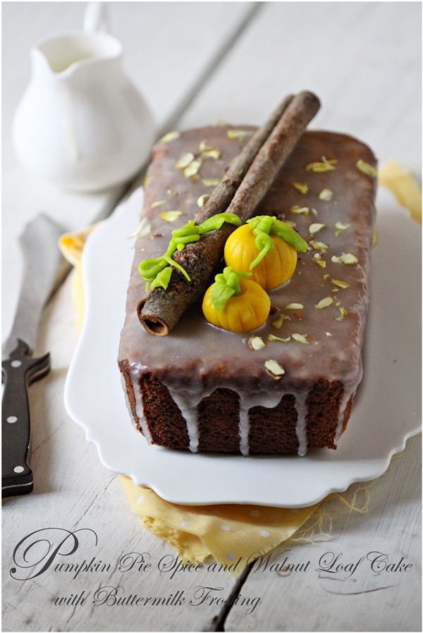 Pumpkin Pie Spice and Walnut Loaf Cake with Buttermilk Frosting