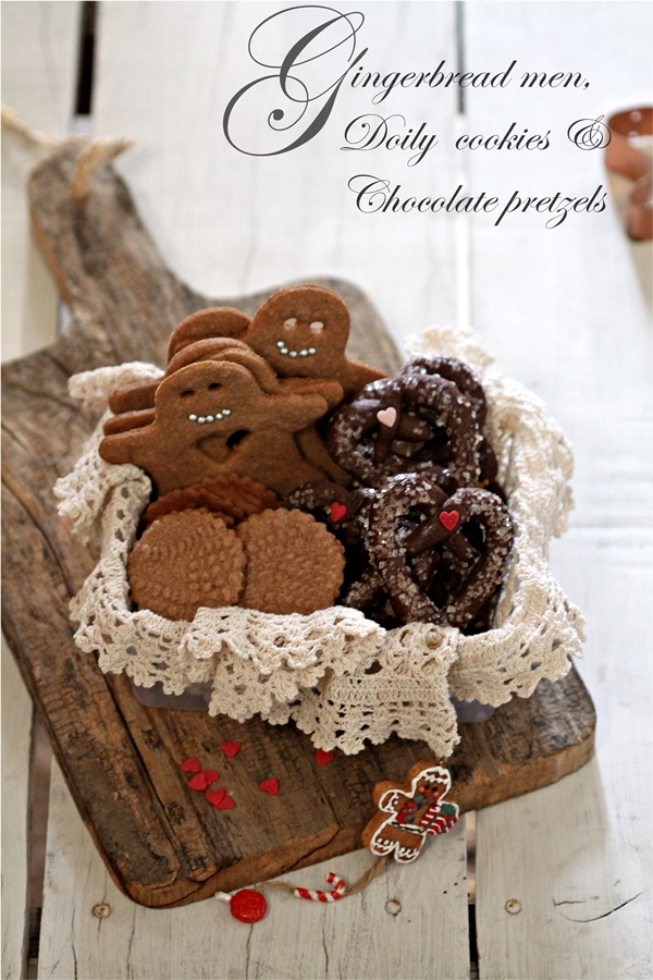 Gingerbread men,  Doily Cookies & Chocolate Pretzels for the Cookie Swap 2013