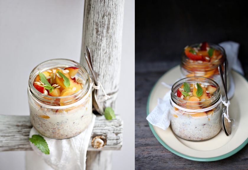 Overnight Thandai Oats with peaches and plums