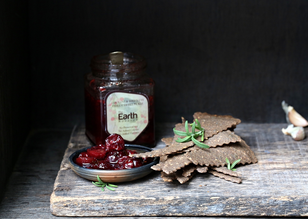 Rosemary Garlic Sesame Millet Crackers with Lovilovi and Bird's Eye Sweet Chili Pickle 