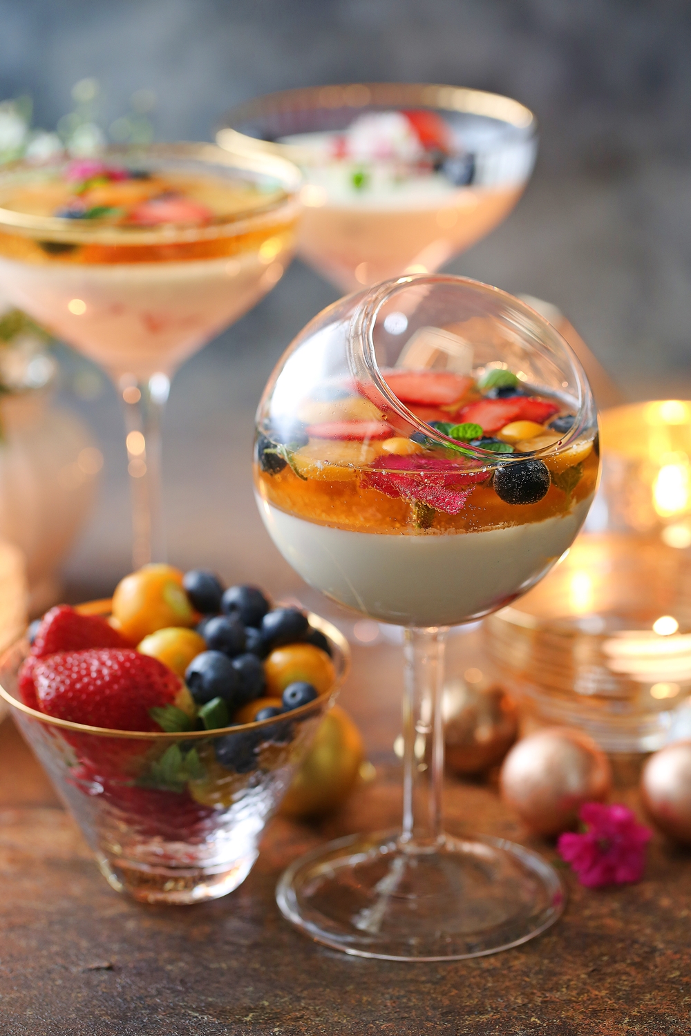 Lime Infused Berry Panna Cotta with berries & fizz
