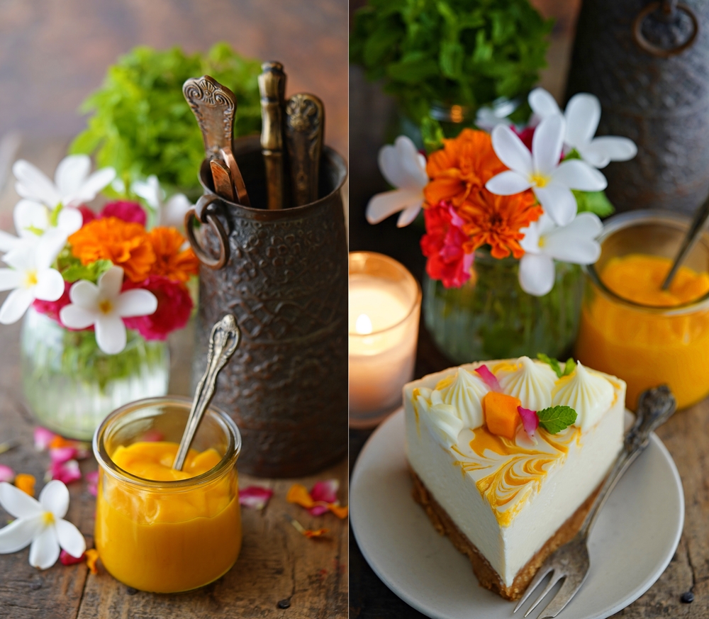 Eggless Baked Mango Swirl Cheesecake