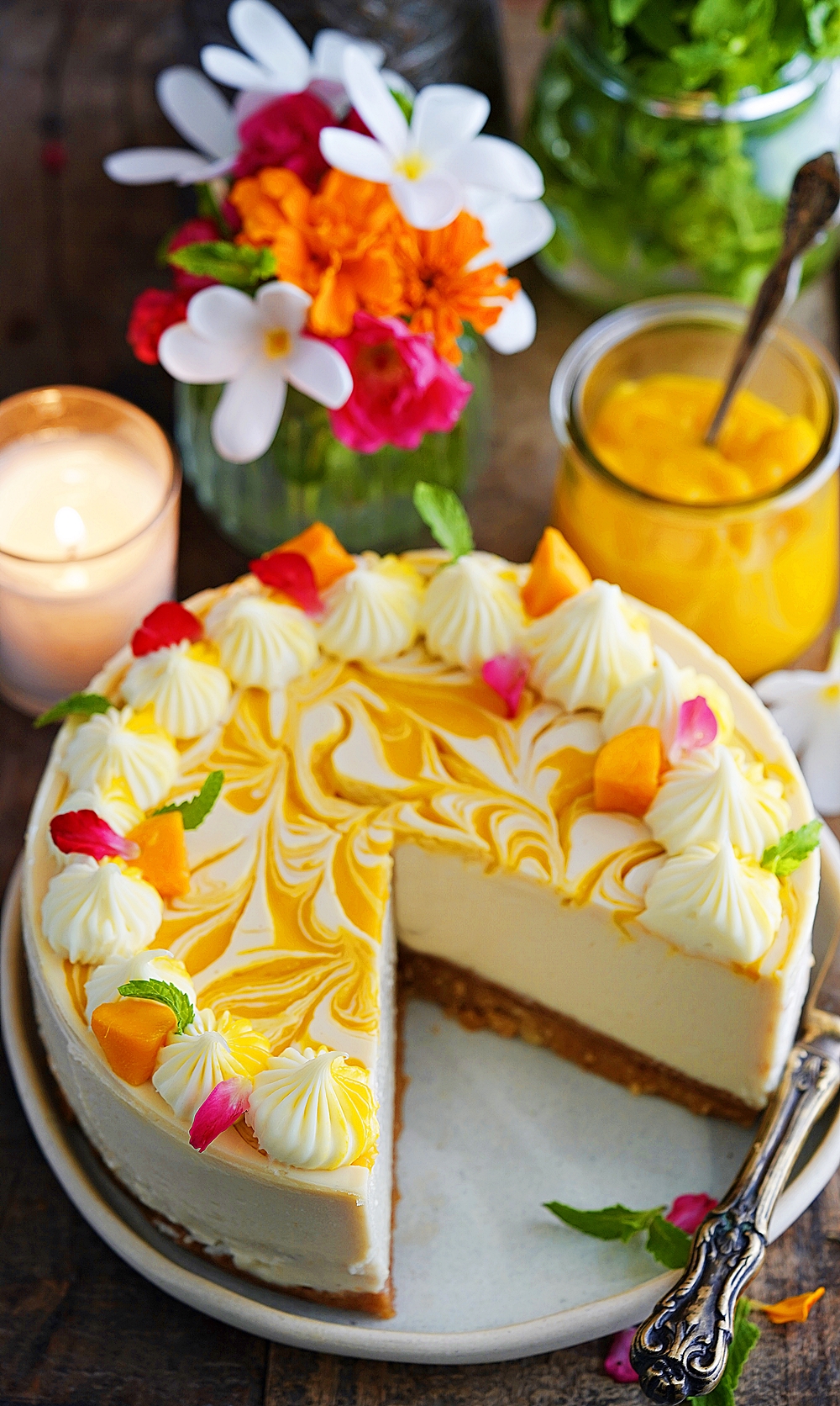 Baked Mango Swirl Cheesecake with no cream cheese