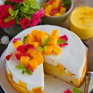 Eggless Saffron Mango Tres Leches Cake