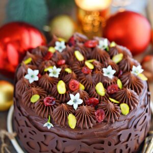 Eggless Chocolate Pistachio Cranberry Cake