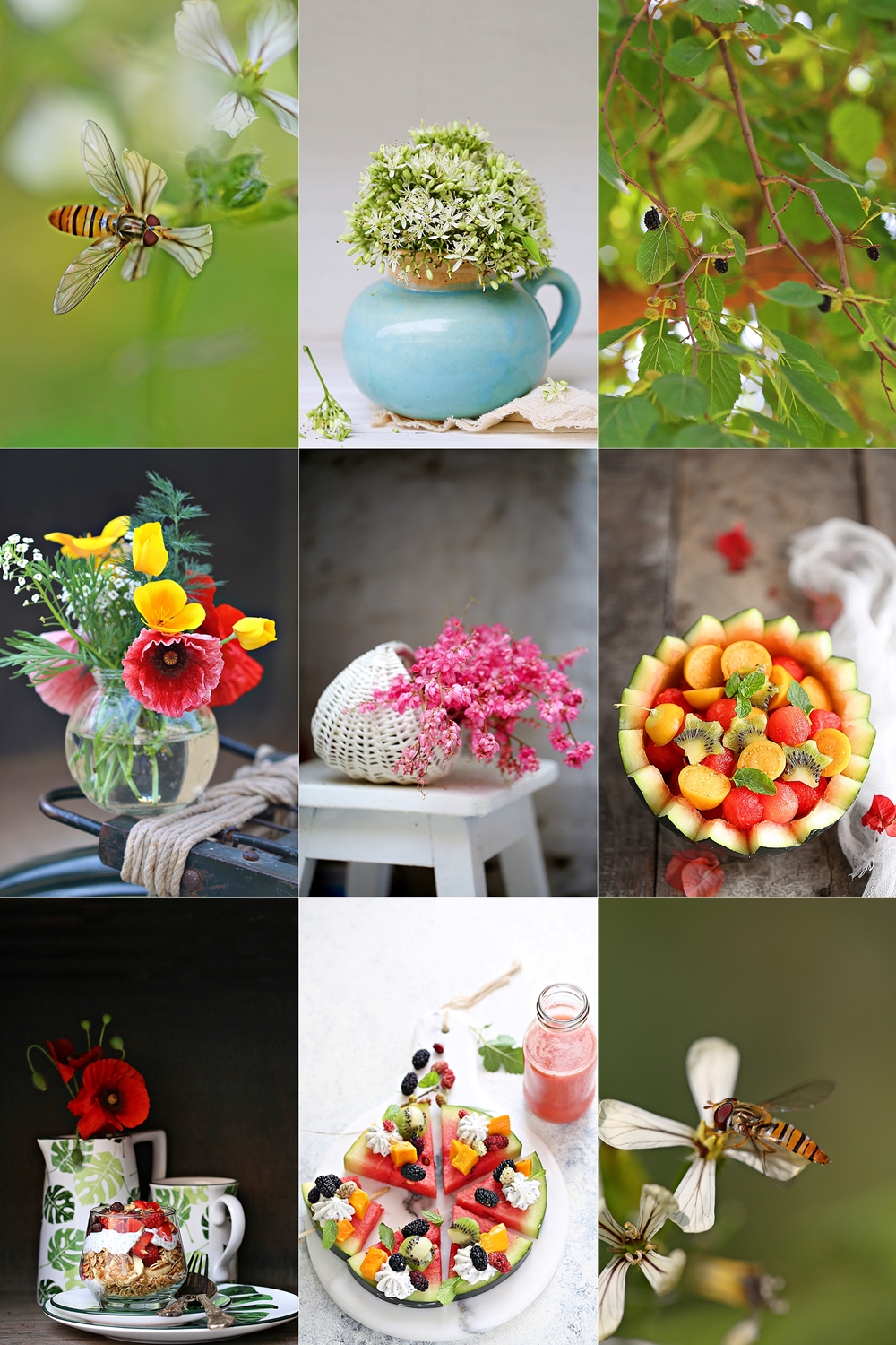 Hello Spring in North India, curry patta blossoms, mulberries, fruit pizza, poppies, granola parfaits, watermelon bowls
