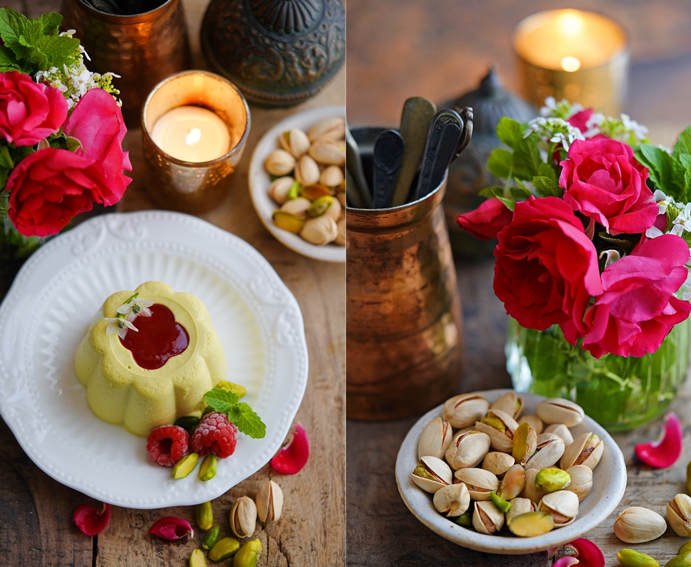 Agar Agar Pistachio Panna Cotta with Raspberry Sauce, no gelatine