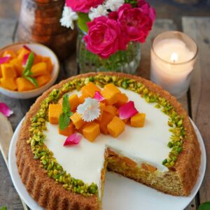 Eggless Mango Saffron Pistachio Tart Cake