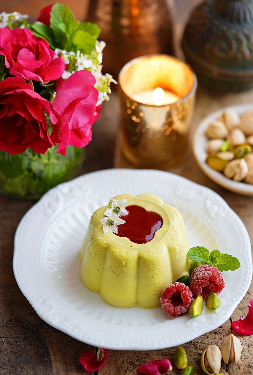Pistachio Panna Cotta with Raspberry Sauce {no gelatine}