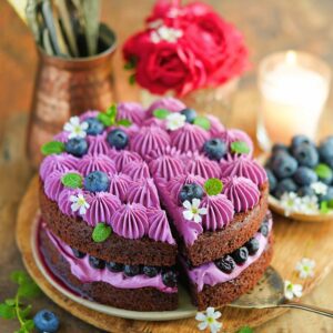 Eggless Blueberry Chocolate Cake Recipe with blueberry cream cheese filling & frosting
