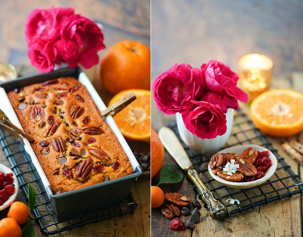 Eggless Orange Almond Pecan Cranberry Chocolate Chip Pound Cake Recipe