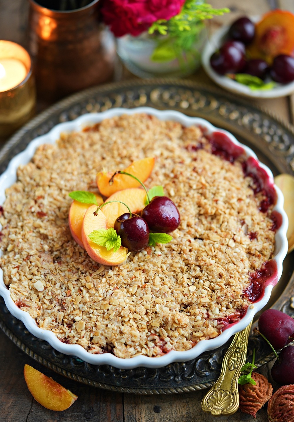 Gluten Free Peach Cherry Crumble Recipe Eggless