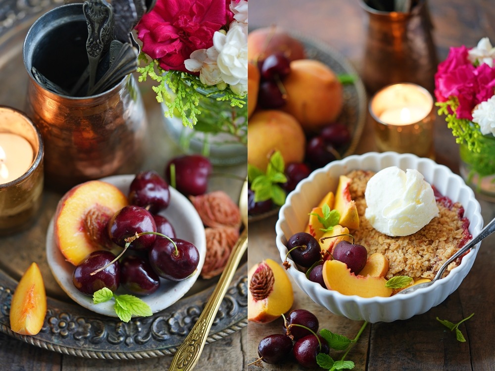 Gluten Free Peach Cherry Crumble Recipe Eggless
