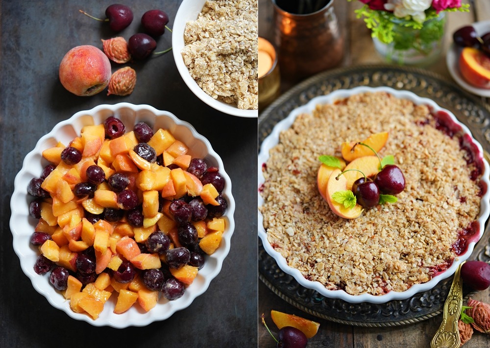 Gluten Free Peach Cherry Crumble Recipe Eggless