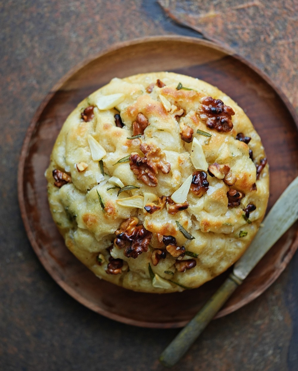 No Fuss No Knead Focaccia Recipe with walnuts, garlic and rosemary