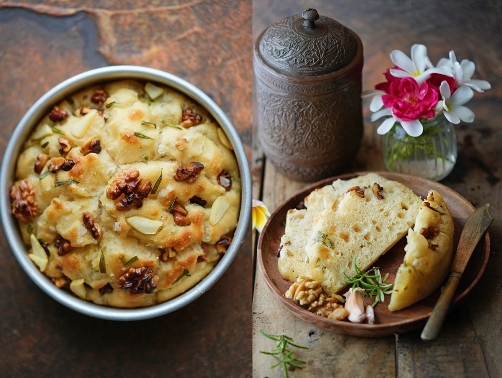 No Fuss No Knead Focaccia Recipe with walnuts, garlic and rosemary