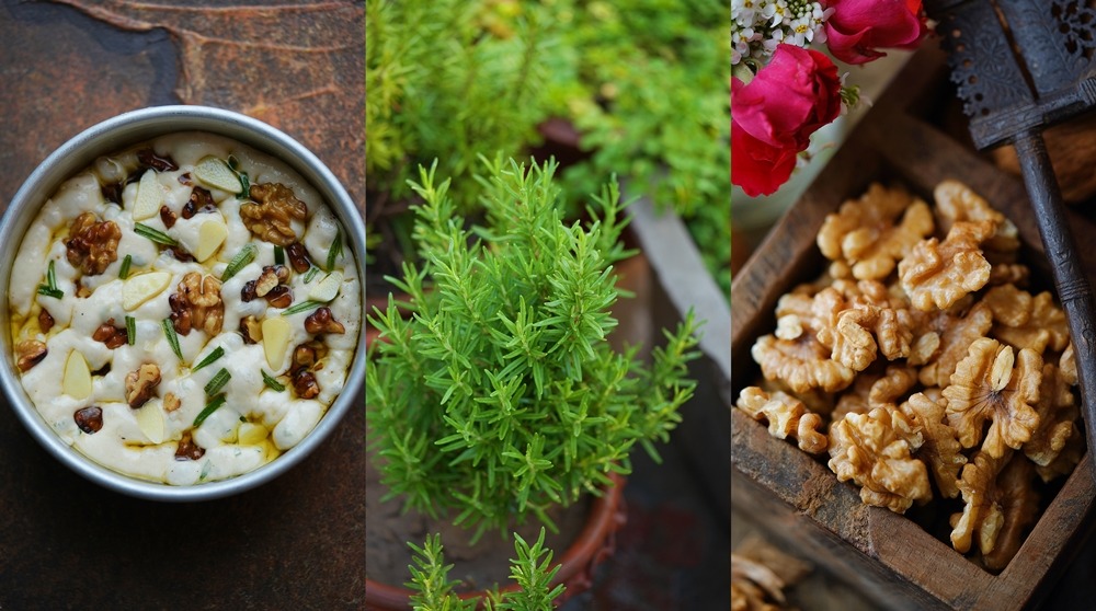No Fuss No Knead Focaccia Recipe with walnuts, garlic and rosemary