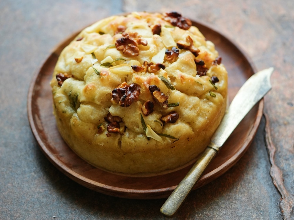No Fuss No Knead Focaccia Recipe with walnuts, garlic and rosemary