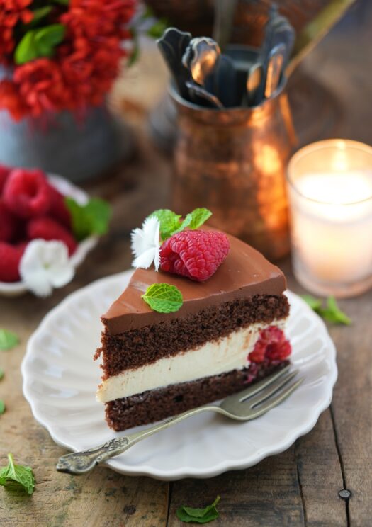 Eggless Raspberry Chocolate Cream Cake Slice