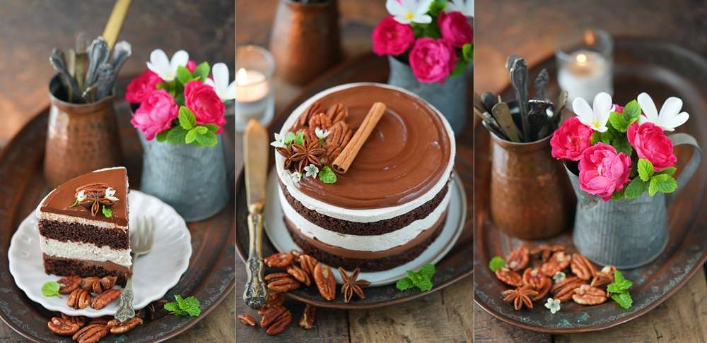 Ultra-moist eggless chocolate pumpkin pie spice cake, Slice of eggless chocolate pumpkin spice layer cake with rich dark chocolate ganache